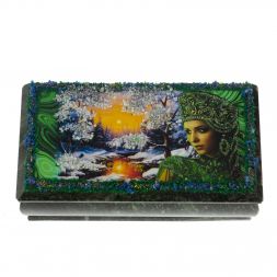 Шкатулка "Хозяйка медной горы. Зима" из змеевика 18х9х8 см