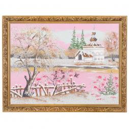 Картина &amp;quot;Церковь и снегири&amp;quot; багет 36х46 см, каменная крошка
